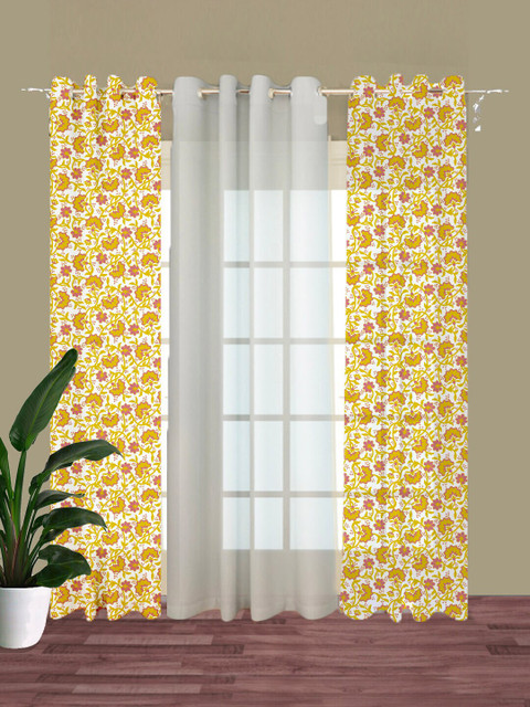 

HOUZZCODE Off White & Yellow Set of 3 Floral Room Darkening Door Curtain