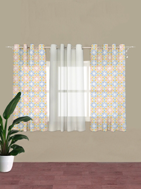 

HOUZZCODE Off White & Blue Set of 3 Floral Window Curtain