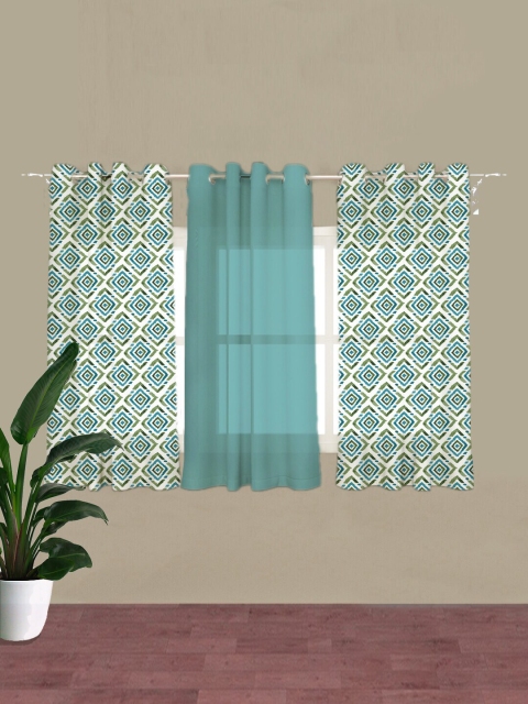 

HOUZZCODE Turquoise Blue & White Set of 3 Geometric Room Darkening Door Curtain