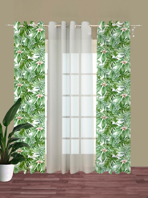 

HOUZZCODE Green & White Set of 3 Floral Room Darkening Long Door Curtain