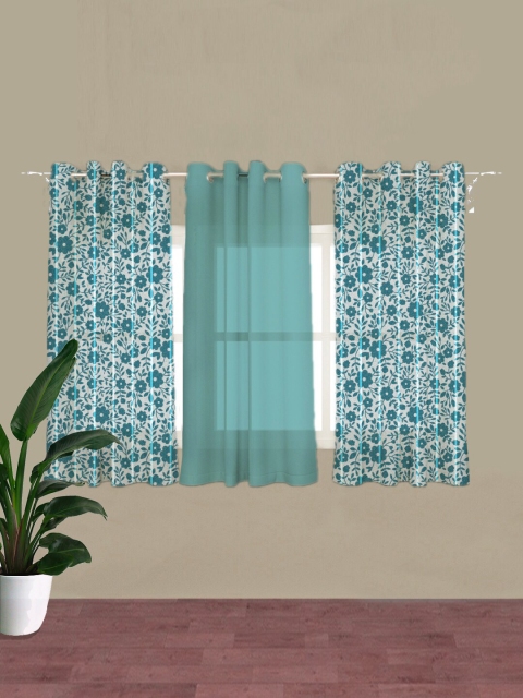 

HOUZZCODE Blue & White Set of 3 Floral Room Darkening & Sheer Window Curtains