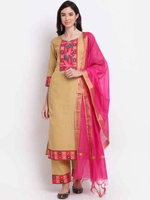 

GoSriKi Women Beige Floral Embroidered Panelled Kurti with Palazzos & With Dupatta