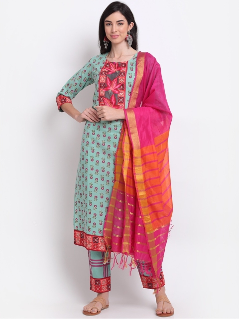 

GoSriKi Women Sea Green Floral Yoke Design Regular Kurta with Trousers & Dupatta