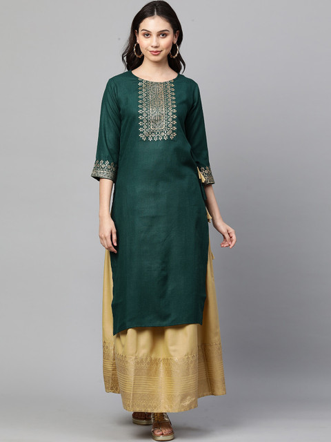

KALINI Women Green Ethnic Motifs Yoke Design Regular Kurta with Skirt