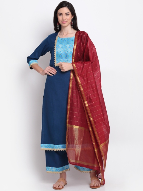 

GoSriKi Women Blue Yoke Design Straight Kurta with Palazzos & Dupatta
