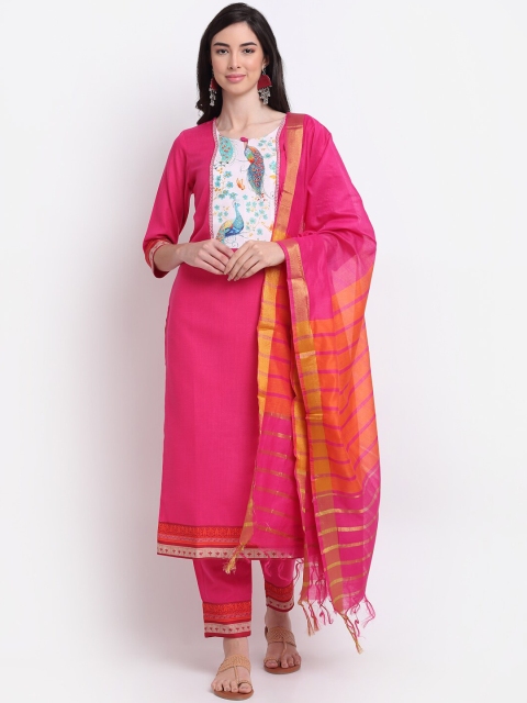 

GoSriKi Women Pink Ethnic Motifs Printed Regular Kurti with Churidar & With Dupatta