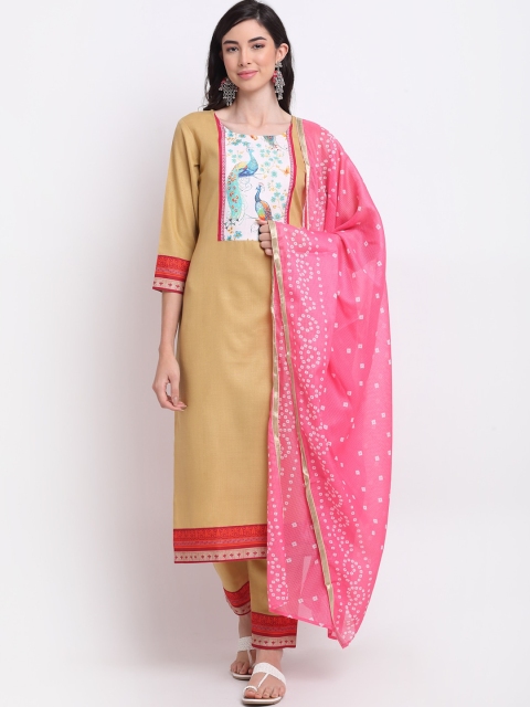

GoSriKi Women Beige Embroidered Regular Kurta with Palazzos & With Dupatta