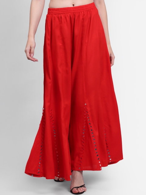 

NEUDIS Women Red & Silver-Toned Hem Design Flared Palazzos