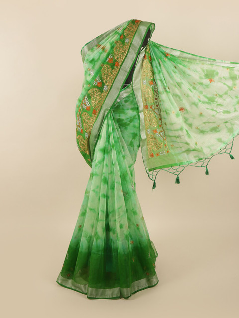 

Pothys Green & Gold-Toned Tie and Dye Embroidered Tissue Saree