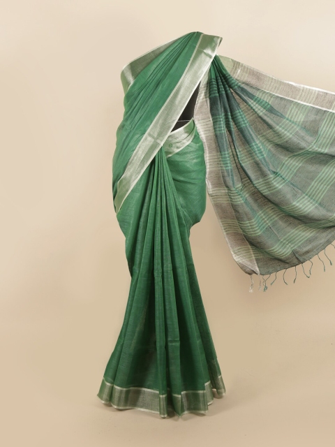 

Pothys Green & Silver-Toned Zari Linen Blend Saree