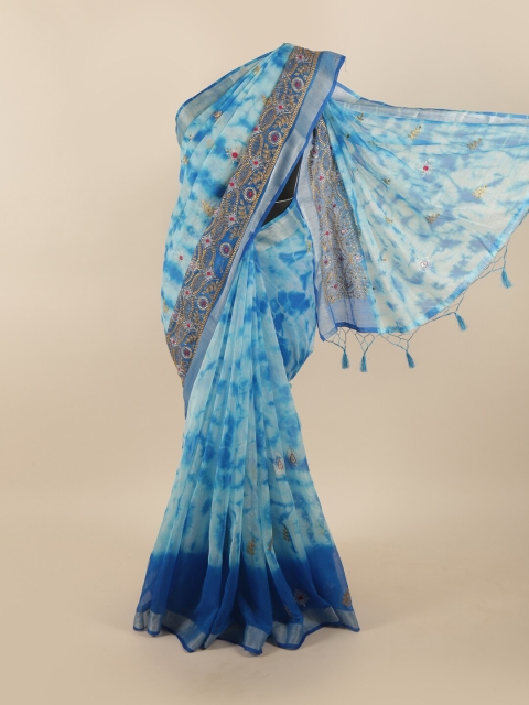 

Pothys Blue & Gold-Toned Tie and Dye Embroidered Tissue Saree