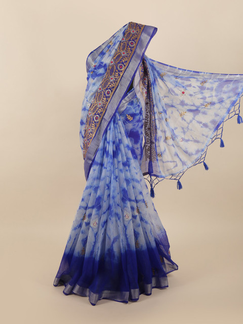 

Pothys Blue & Gold-Toned Tie and Dye Embroidered Tissue Saree