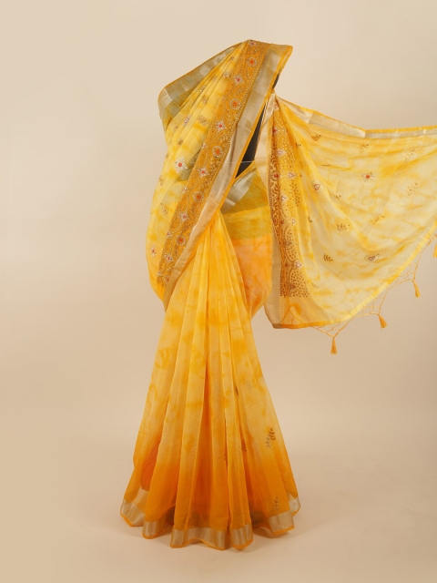 

Pothys Yellow & Silver-Toned Floral Embroidered Zari Tissue Saree