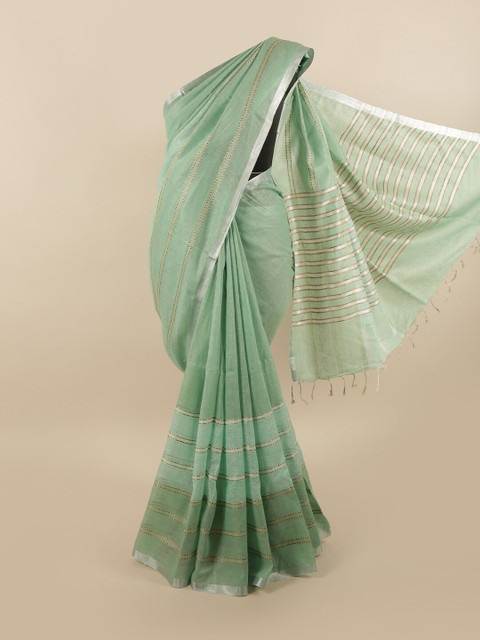 

Pothys Green & Silver-Toned Striped Zari Linen Blend Saree