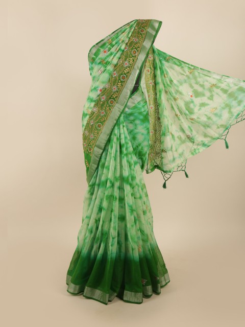 

Pothys Green & Gold-Toned Tie and Dye Embroidered Tissue Saree