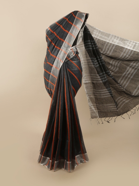 

Pothys Charcoal & Silver Striped Zari Linen Blend Saree