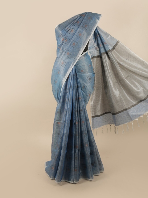 

Pothys Blue & Silver-Toned Zari Border Linen Blend Saree