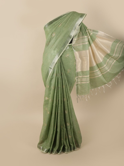 

Pothys Green & Silver-Toned Woven Designed Linen Blend Saree