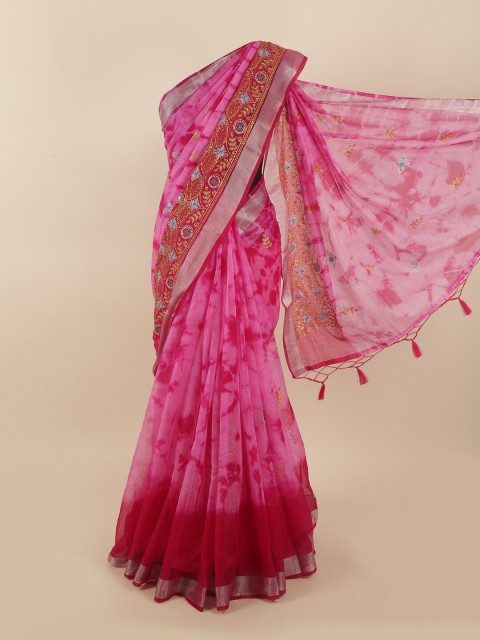 

Pothys Pink & Gold-Toned Tie and Dye Embroidered Tissue Saree
