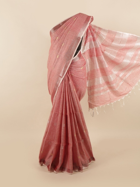 

Pothys Pink & Silver-Toned Woven Design Linen Blend Saree