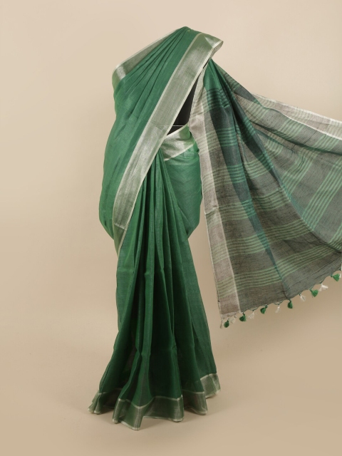 

Pothys Green & Silver-Toned Zari Linen Blend Saree