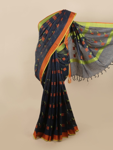 

Pothys Navy Blue & Orange Linen Blend Saree