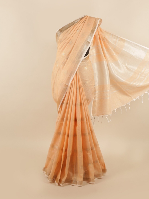 

Pothys Peach-Coloured & Silver-Toned Woven Design Zari Linen Blend Saree