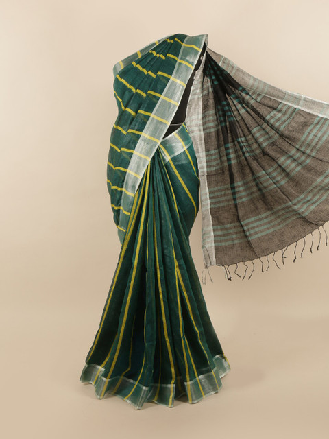 

Pothys Green & Silver-Toned Striped Zari Linen Blend Saree