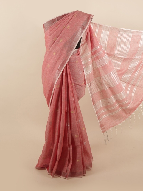 

Pothys Pink & Silver-Coloured Ethnic Motifs Zari Linen Blend Saree