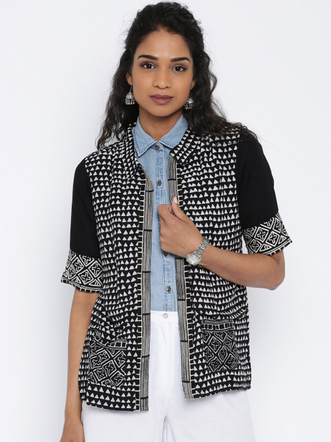 

Global Desi Black & Off-White Printed Shrug