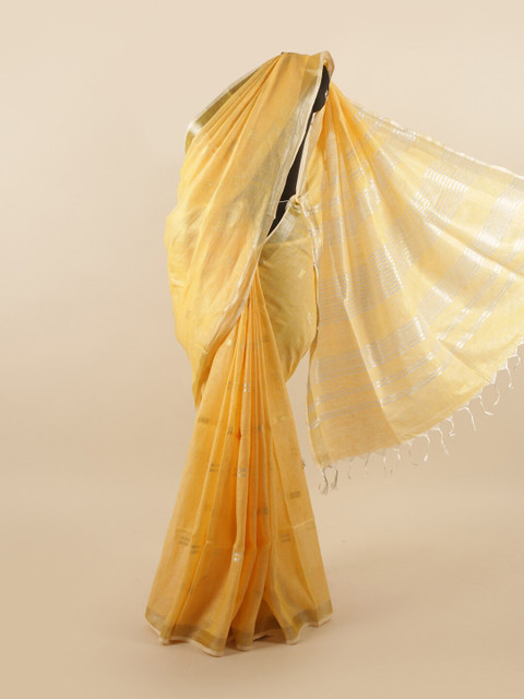 

Pothys Yellow & Silver-Toned Zari Linen Blend Saree