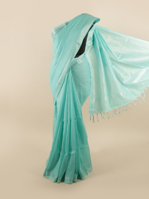 

Pothys Turquoise Blue & Silver-Toned Zari Linen Blend Saree