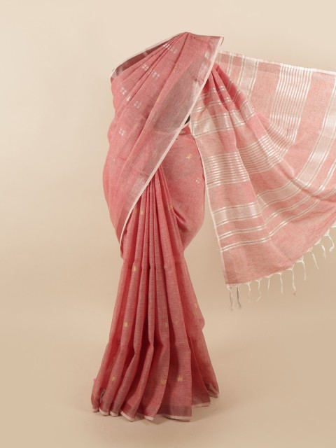 

Pothys Pink & Silver-Toned Woven Design Zari Linen Blend Saree