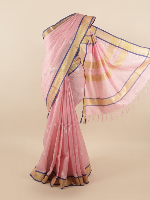 

Pothys Pink & Silver-Coloured Checked Zari Linen Blend Saree