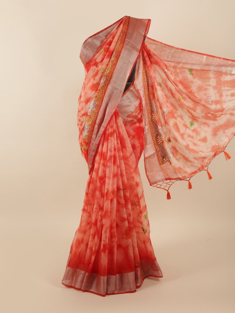 

Pothys Orange & Gold-Toned Tie and Dye Embroidered Tissue Saree
