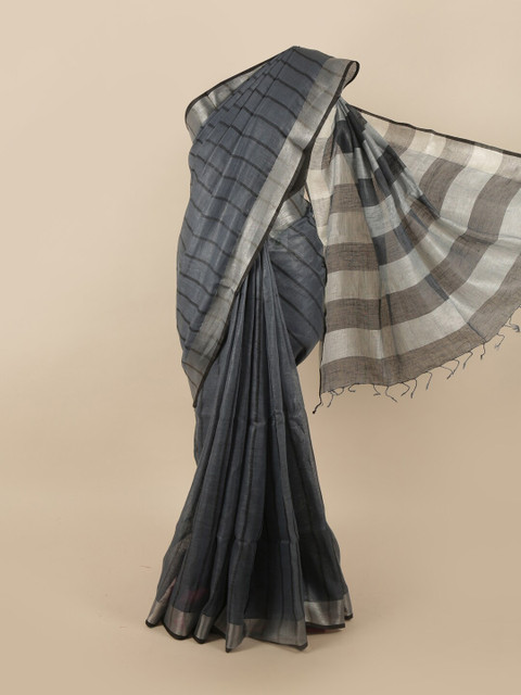 

Pothys Grey Striped Zari Linen Blend Saree
