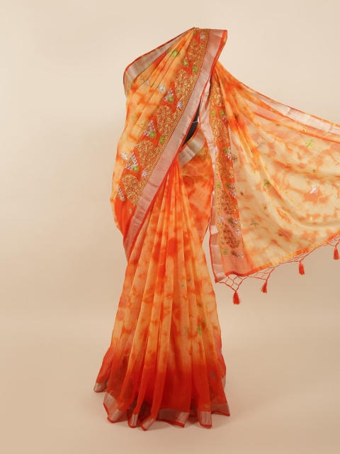 

Pothys Orange & Red Tie and Dye Embroidered Tissue Saree