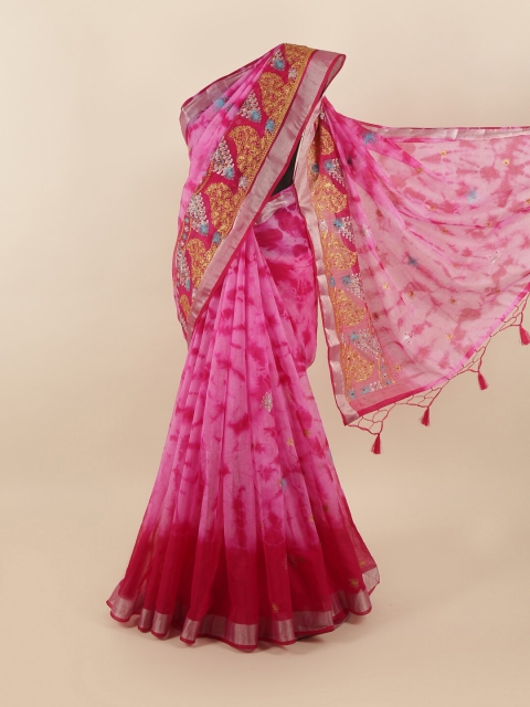 

Pothys Pink & Gold Tie and Dye Zari Tissue Saree