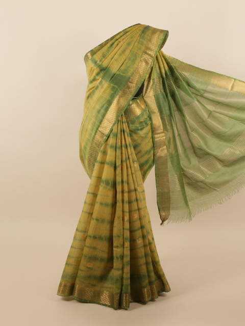 

Pothys Green & Gold-Toned Tie & Dye Zari Linen Blend Saree