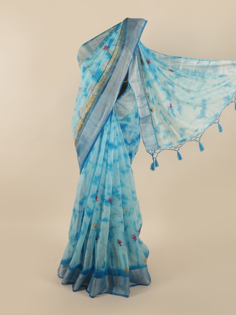 

Pothys Blue & Gold-Toned Tie and Dye Embroidered Tissue Saree