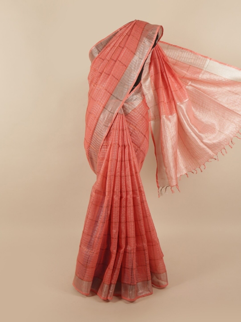 

Pothys Peach-Coloured & Silver-Toned Checked Zari Linen Blend Saree