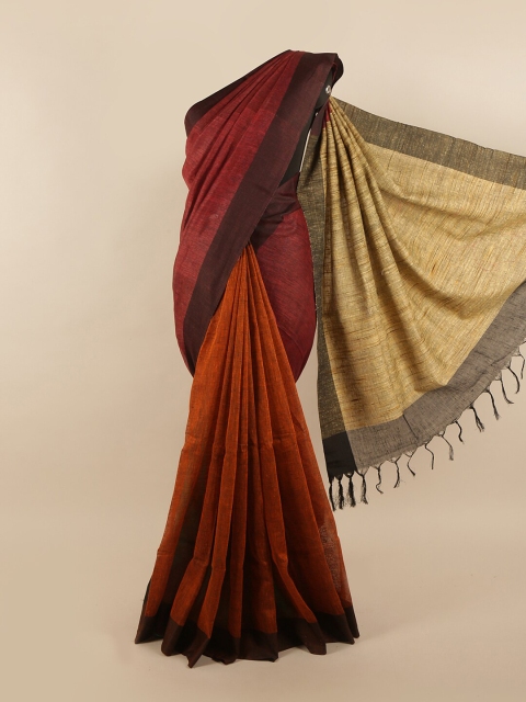 

Pothys Maroon & Orange Colourblocked Linen Blend Saree
