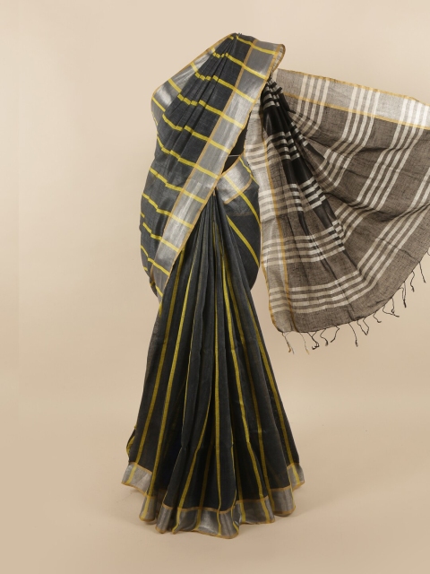 

Pothys Grey & Silver-Toned Striped Zari Linen Blend Saree