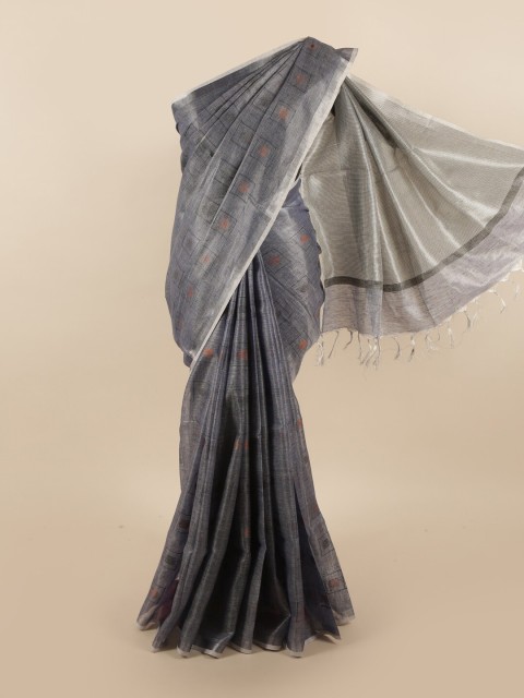 

Pothys Blue & Silver-Toned Zari Linen Blend Saree