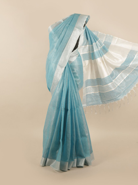 

Pothys Blue & Silver-Toned Solid Linen Blend Saree