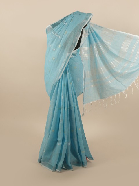 

Pothys Blue & Silver-Toned Ethnic Motifs Zari Linen Blend Saree