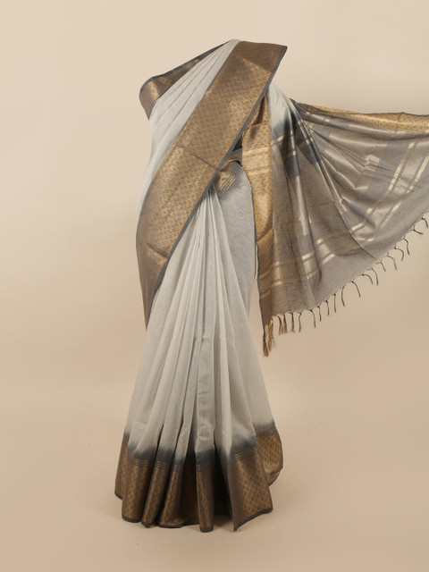 

Pothys Off White & Gold-Toned Zari Linen Blend Saree