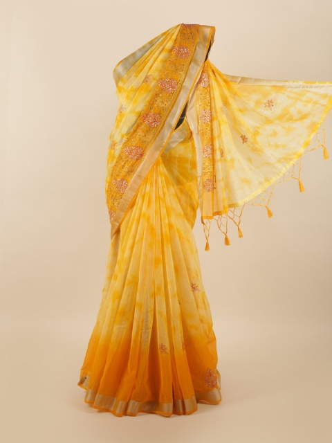 

Pothys Yellow & Silver-Toned Tie and Dye Embroidered Tissue Saree