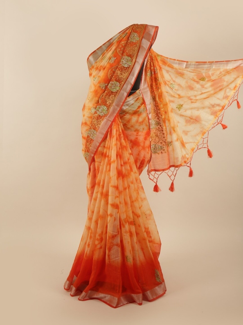 

Pothys Orange & Gold-Toned Tie and Dye Embroidered Tissue Saree