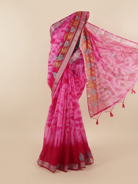 

Pothys Pink & Silver-Toned Tie and Dye Embroidered Tissue Saree